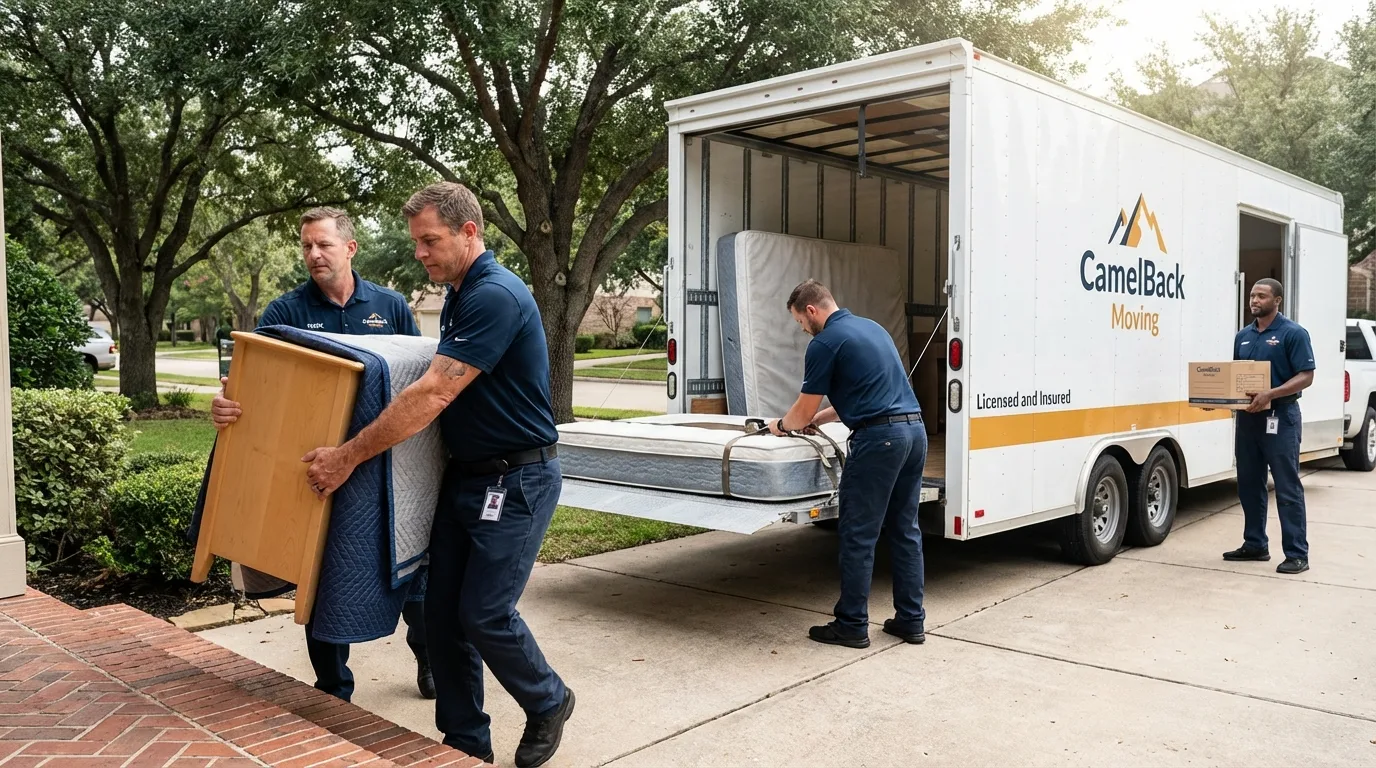 Crew loading residential truck for cross-state move from Bedford, IN