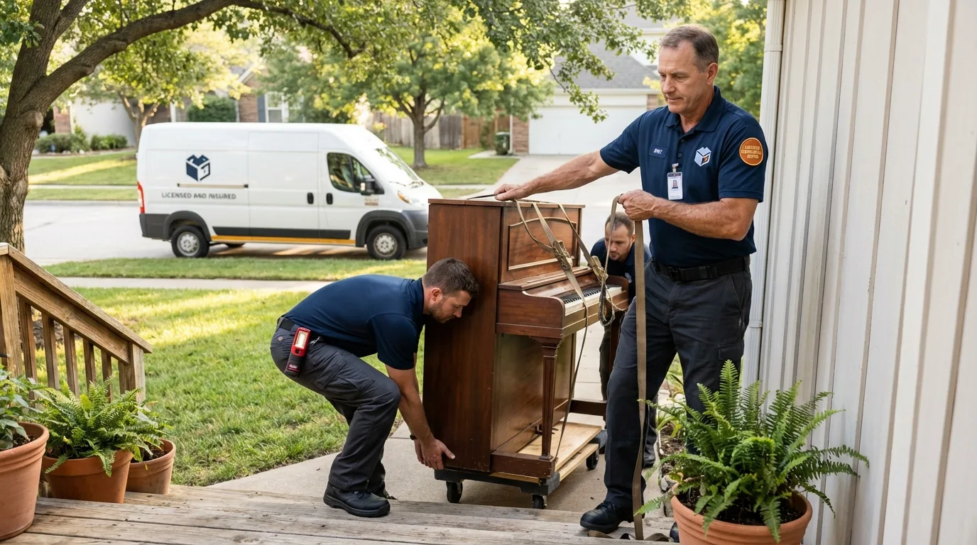 Licensed piano movers securing grand piano in Bedford, IN