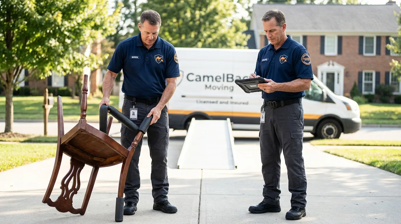 Movers inspecting furniture for damage prevention before loading in Bedford, IN