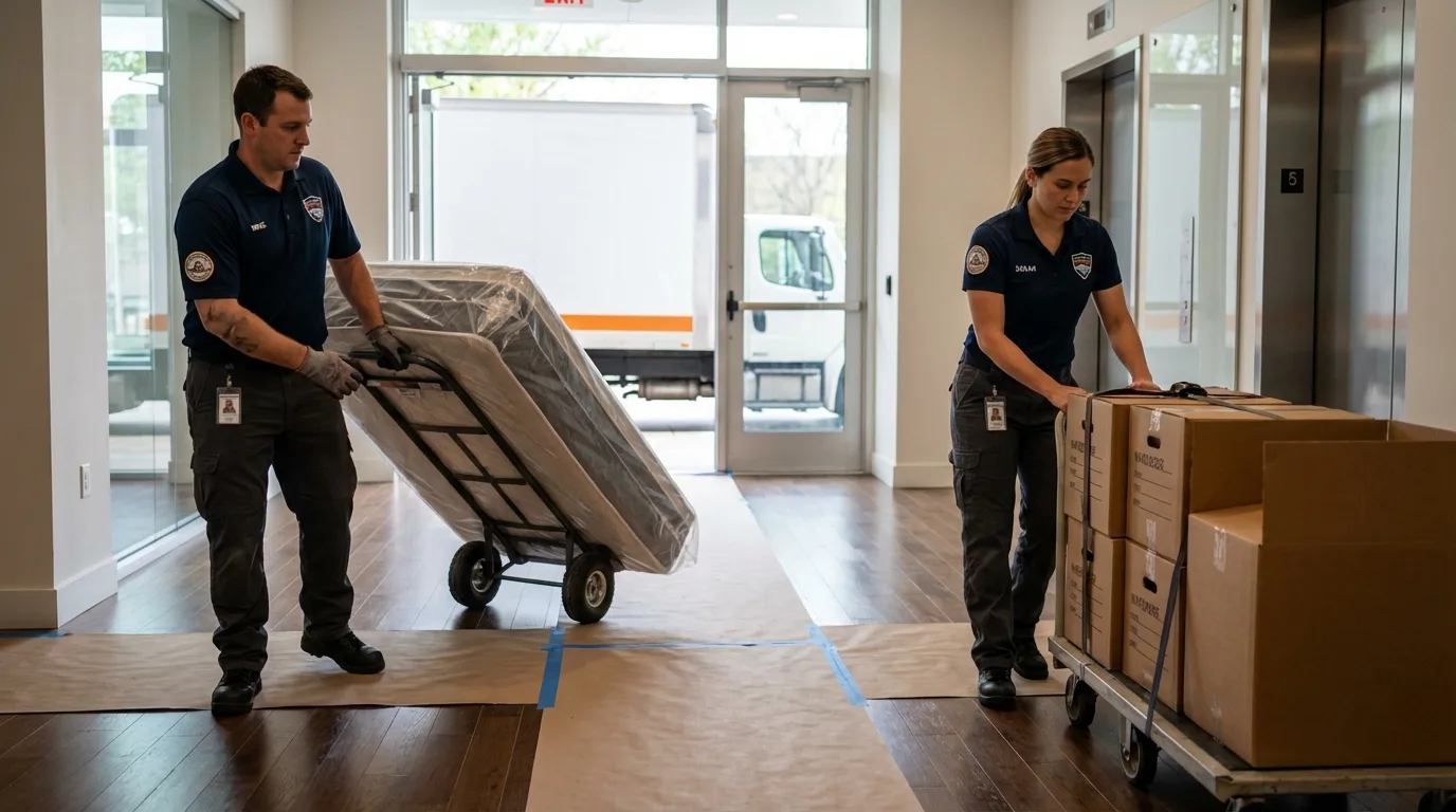 Professional apartment movers loading elevator in Bedford, IN